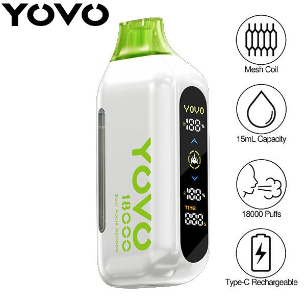 Best Deal YOVO Ultra 18000 Puffs Rechargeable Vape Disposable 15mL - Sour Apple Rainbow