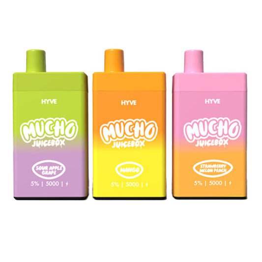 Mucho x Hyve 5000 Puffs Rechargeable Vape Disposable 12mL Best Flavors Sour Apple Grape Mango Strawberry Melon Peach