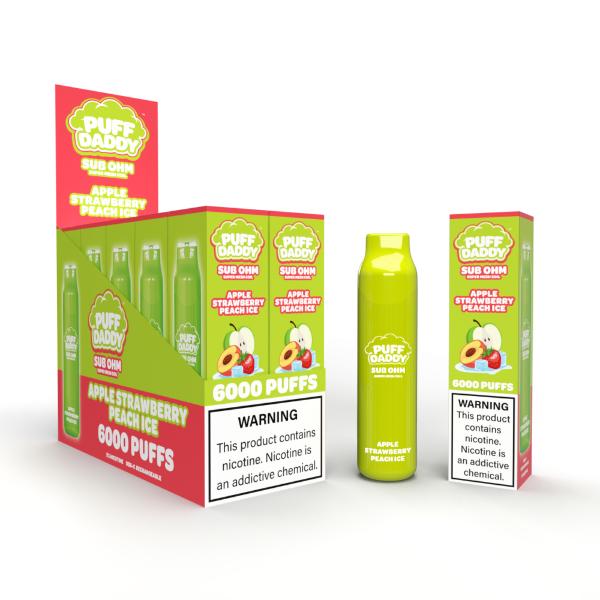 Puff Daddy 6000 Puffs Rechargeable Vape Disposable 12mL 10 Pack Best Flavor Apple Strawberry Peach Ice