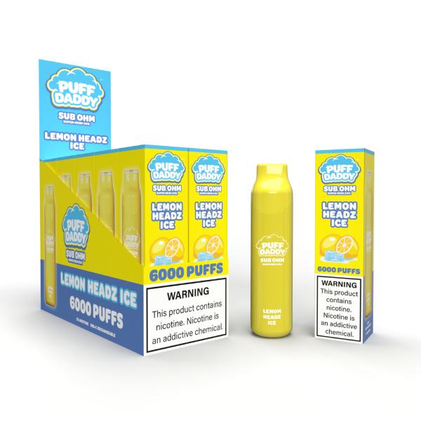 Puff Daddy 6000 Puffs Rechargeable Vape Disposable 12mL 10 Pack Best Flavor Lemon Headz Ice