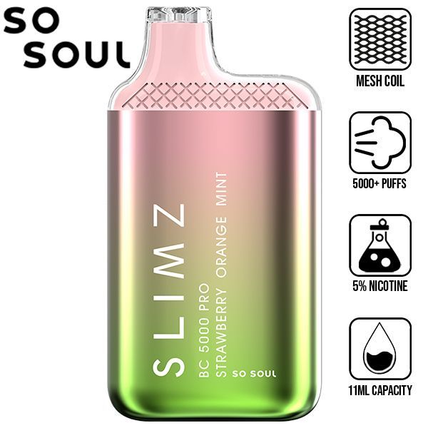 Slimz BC5000 Pro by So Soul 5000 Puffs Rechargeable Disposable 11mL 10 Pack Best Flavor Strawberry Orange Mint