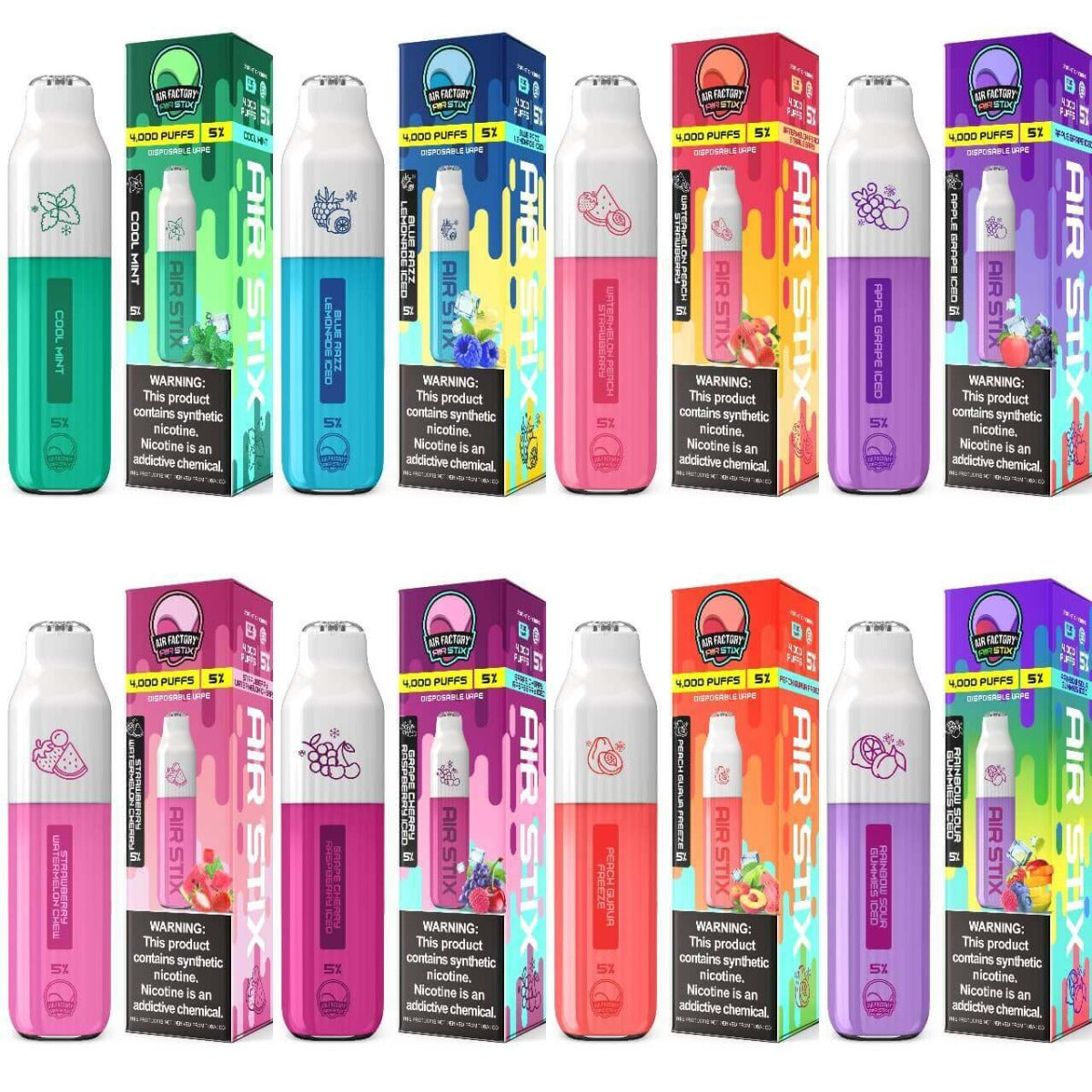 Air Factory Air Stix 4000 Puff 1 Pack Disposable Vape Best Flavors Cool Mint Blue Razz Lemonade Iced Watermelon Peach Strawberry Apple Grape Iced Strawberry Watermelon Chew Grape Cherry Raspberry Iced Peach Guava Freeze Rainbow Sour Gummies Iced