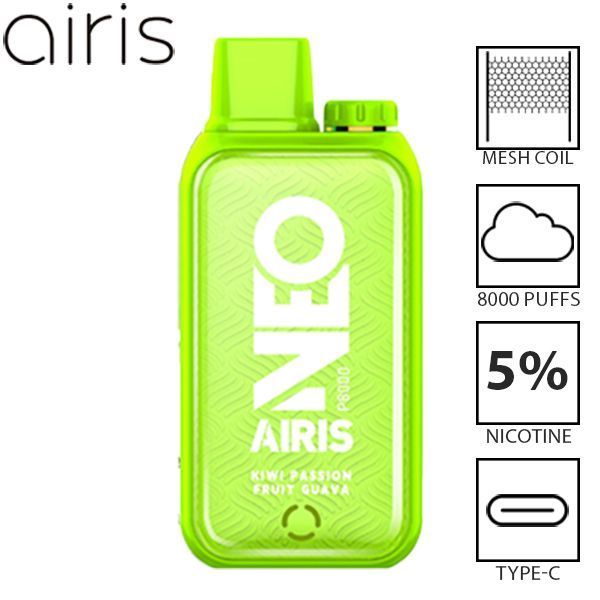 Airis Neo P8000 8000 Puffs Rechargeable Vape Disposable 20mL Best Flavor Kiwi Passion Fruit Guava