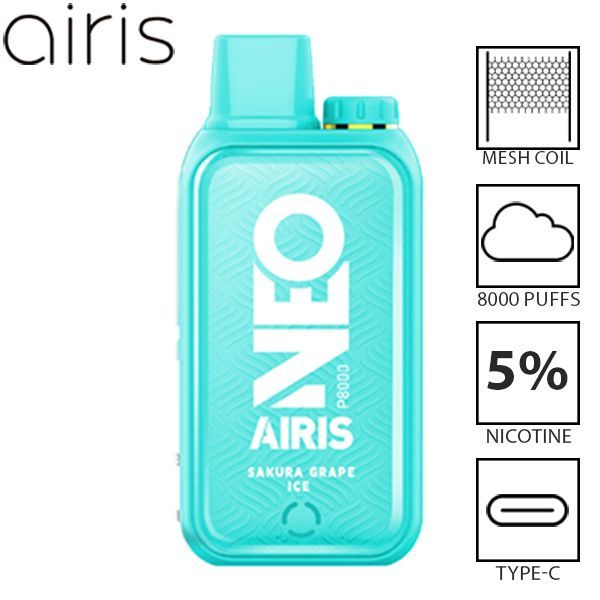 Airis Neo P8000 8000 Puffs Rechargeable Vape Disposable 20mL Best Flavor Sakura Grape Ice