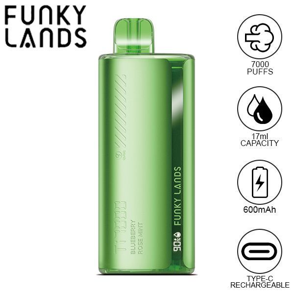 Funky Lands Ti7000 Puffs Disposable Vape 17mL Best Flavor Blueberry Rose Mint