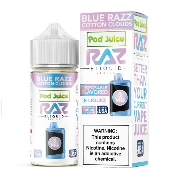 Pod Juice + RAZ Disposables Collab Freebase E-Liquid 100mL - Blue Razz Cotton Clouds
