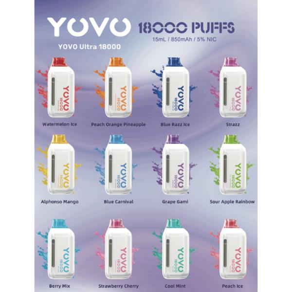 YOVO Ultra 18000 Puffs Rechargeable Vape Disposable 15mL Best Flavors Watermelon Ice Peach Orange Pineapple Blue Razz Ice Strazz Alphonso Mango Blue Carnival Grape Gami Sour Apple Rainbow Berry Mix Strawberry Cherry Cool Mint Peach Ice