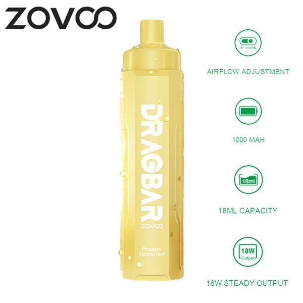 Zovoo Drag Bar R6000 6000 Puffs Rechargeable Vape Disposable 18mL Best Flavor Pineapple Coconut Rum