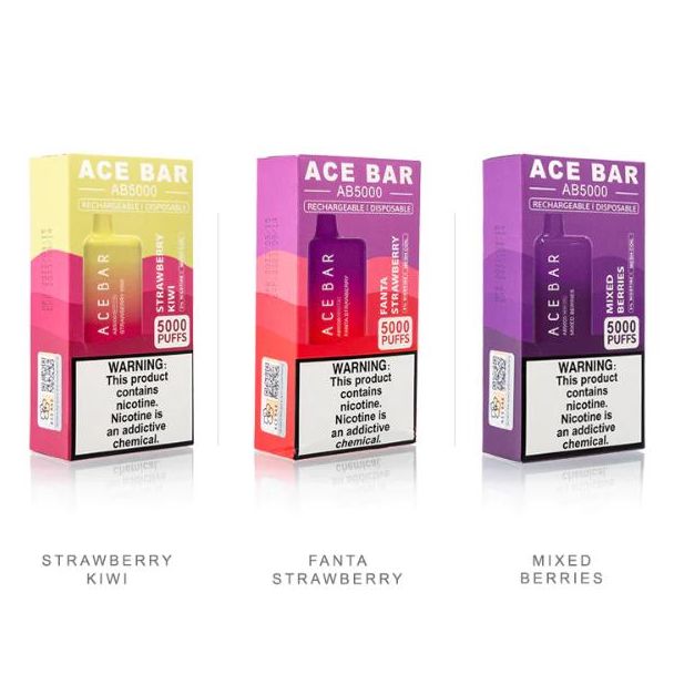 Strawberry Kiwi, Fanta Strawberry & Mixed Berries Ace Bar AB 5000 6000 Puffs Disposable 10-Pack Bulk Deal!