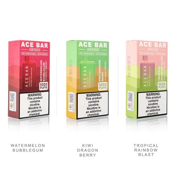 Watermelon Bubblegum, Kwiw Dragon Berry & Tropical Rainbow Blast Ace Bar AB 5000 6000 Puffs Disposable 10-Pack Cheap Deal!