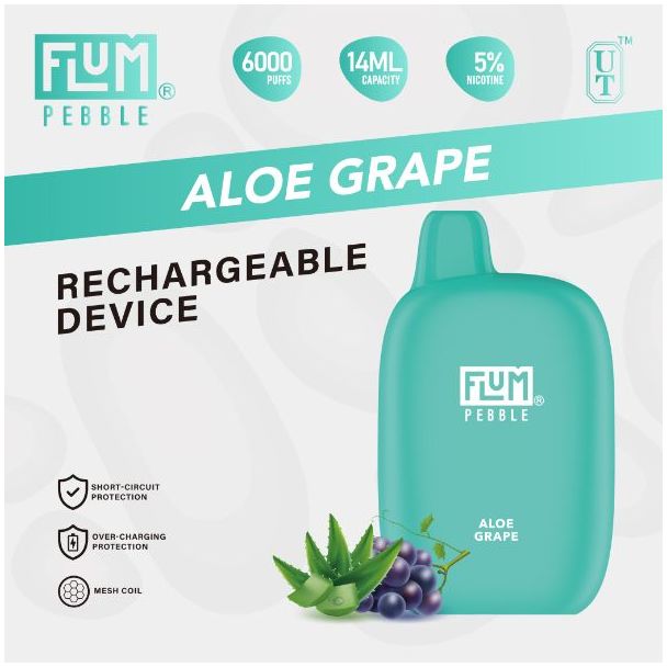 Aloe Grape Flum Pebble 6000 Puffs Rechargeable Disposable 5-Pack Bulk Deals!
