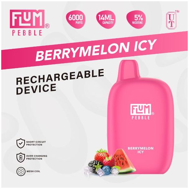 Berrymelon Icy Flum Pebble 6000 Puffs Rechargeable Disposable 5-Pack Bulk Price!