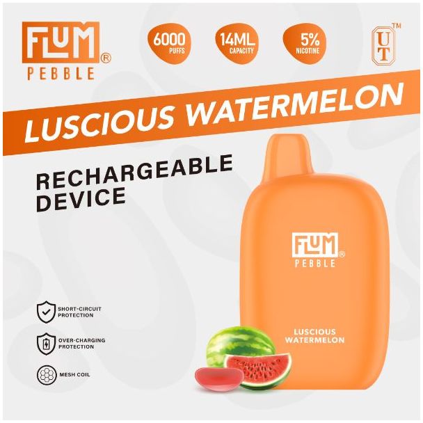 Luscious Watermelon Flum Pebble 6000 Puffs Rechargeable Disposable 5-Pack Best Price!