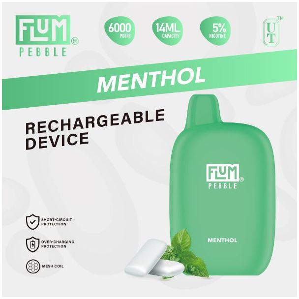 Menthol Flum Pebble 6000 Puffs Rechargeable Disposable 5-Pack Bulk Price!