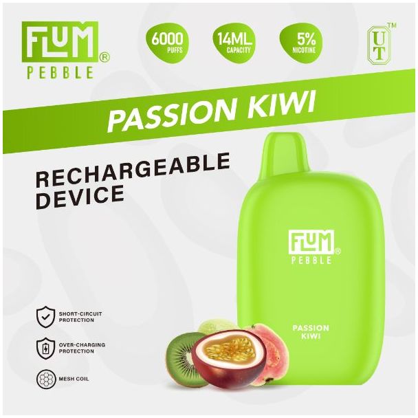 Passion Kiwi Flum Pebble 6000 Puffs Rechargeable Disposable 5-Pack Ejuices Wholesale Deal!