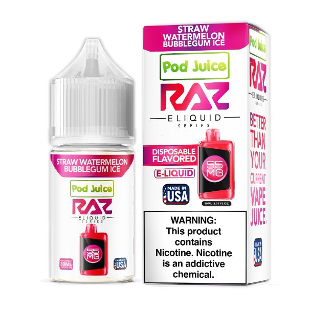 Pod Juice + RAZ Disposables Collab Salt E-Liquid 30mL Straw Watermelon Bubblegum Ice