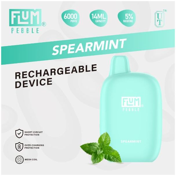 Spearmint Flum Pebble 6000 Puffs Rechargeable Disposable 5-Pack Ejuices Wholesale Deal!