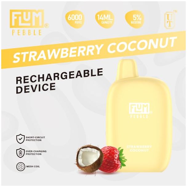 Strawberry Coconut Flum Pebble 6000 Puffs Rechargeable Disposable 5-Pack Best Deal!