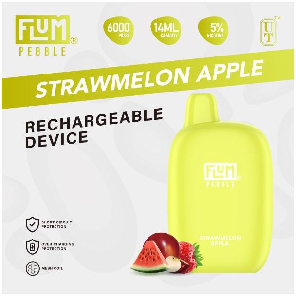 Strawmelon Apple Flum Pebble 6000 Puffs Rechargeable Disposable 5-Pack Ejuices Wholesale Price!